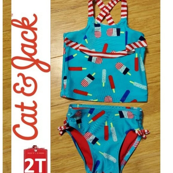 🎁5/$25-2T teal tankini two piece bathing suit,  popsicle pattern - Picture 1 of 10